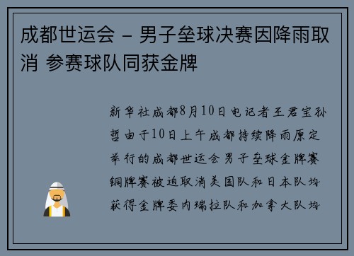 成都世运会 - 男子垒球决赛因降雨取消 参赛球队同获金牌